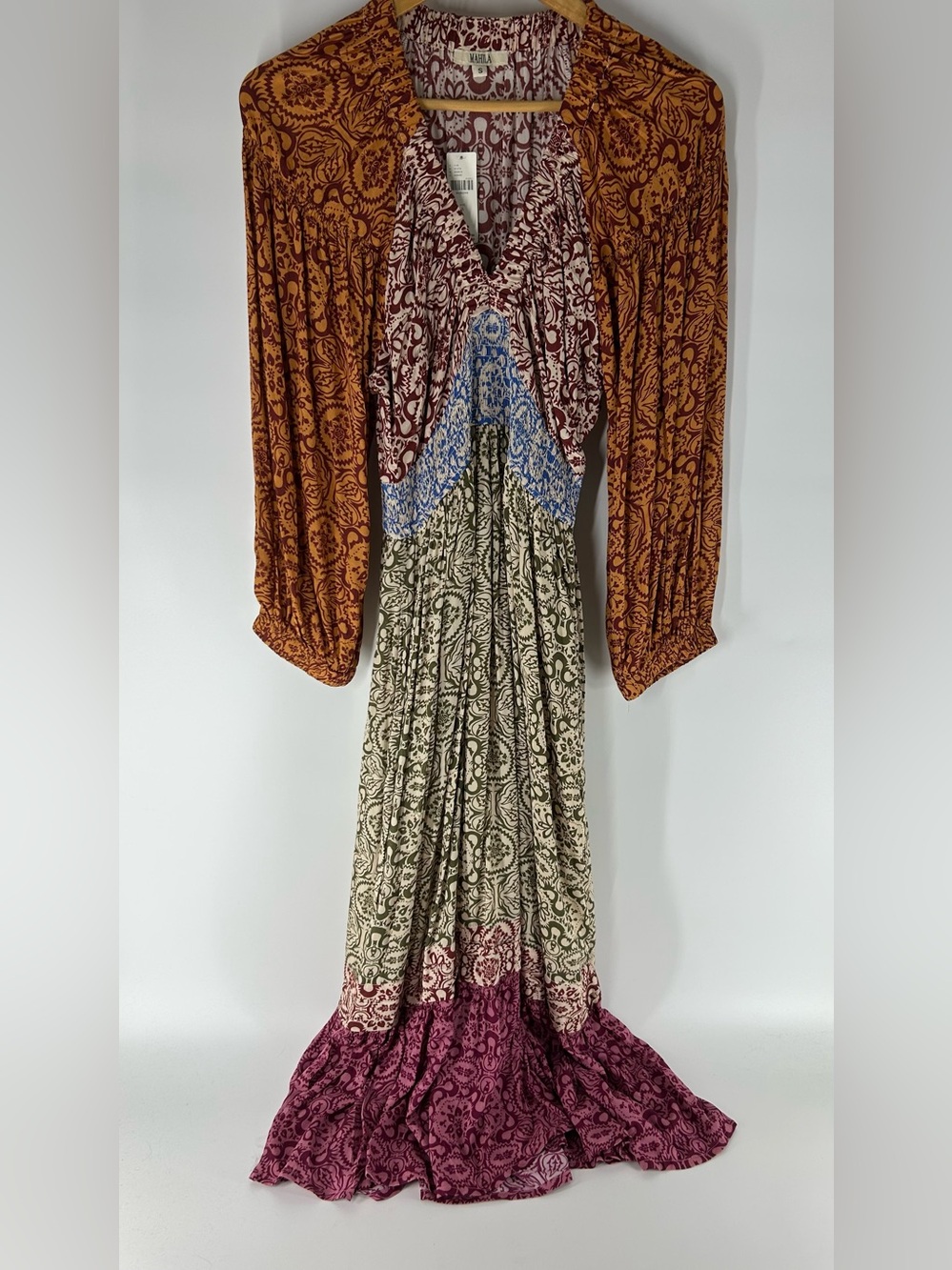 Anthropologie Multi-Panel Printed Maxi Dress in Rust, Olive, Blue & Plum